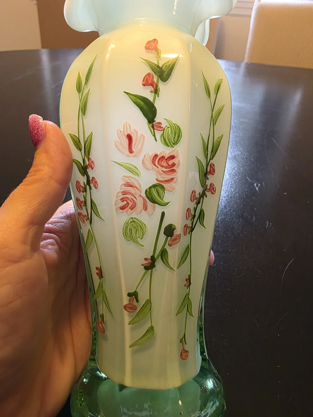 Fenton Opaline Green Cased Glass Ruffle Vintage Floral Hand Painted Roses Vase